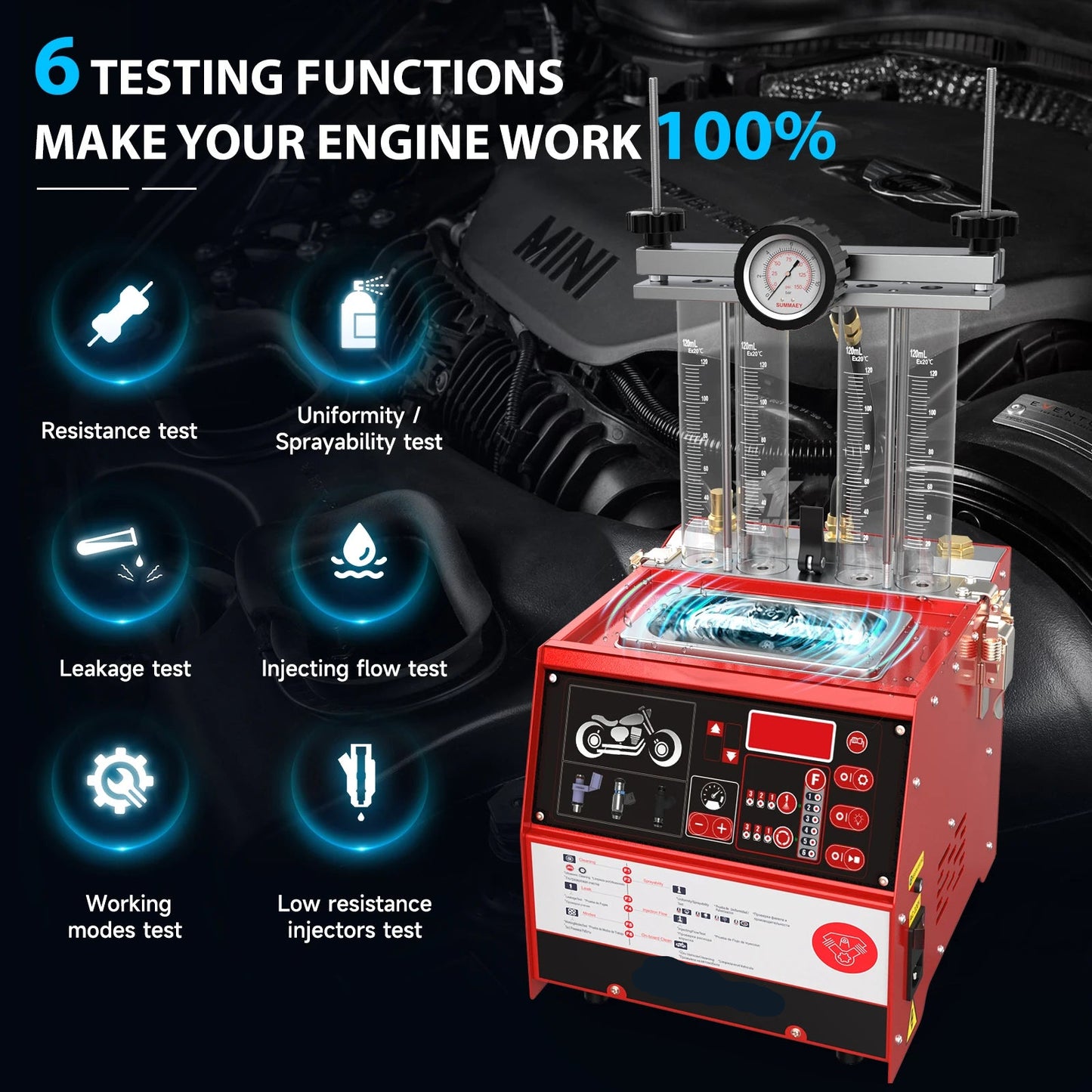 Brandstofinjectorreiniger – Injector Tester – Ultrasone Reiniging – In-Vehicle Reiniging – 2000 Ml Tank – 100W Ultrasoonvermogen