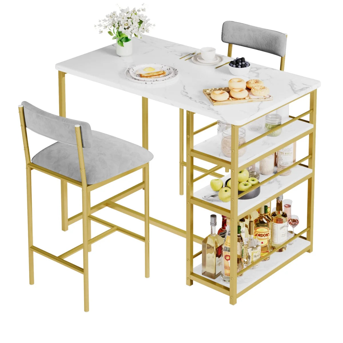 Dining Table Set Bar Table with 2 Upholstered Chairs &3 Storage Shelves Small Space Kitchen Table Pub Table Set
