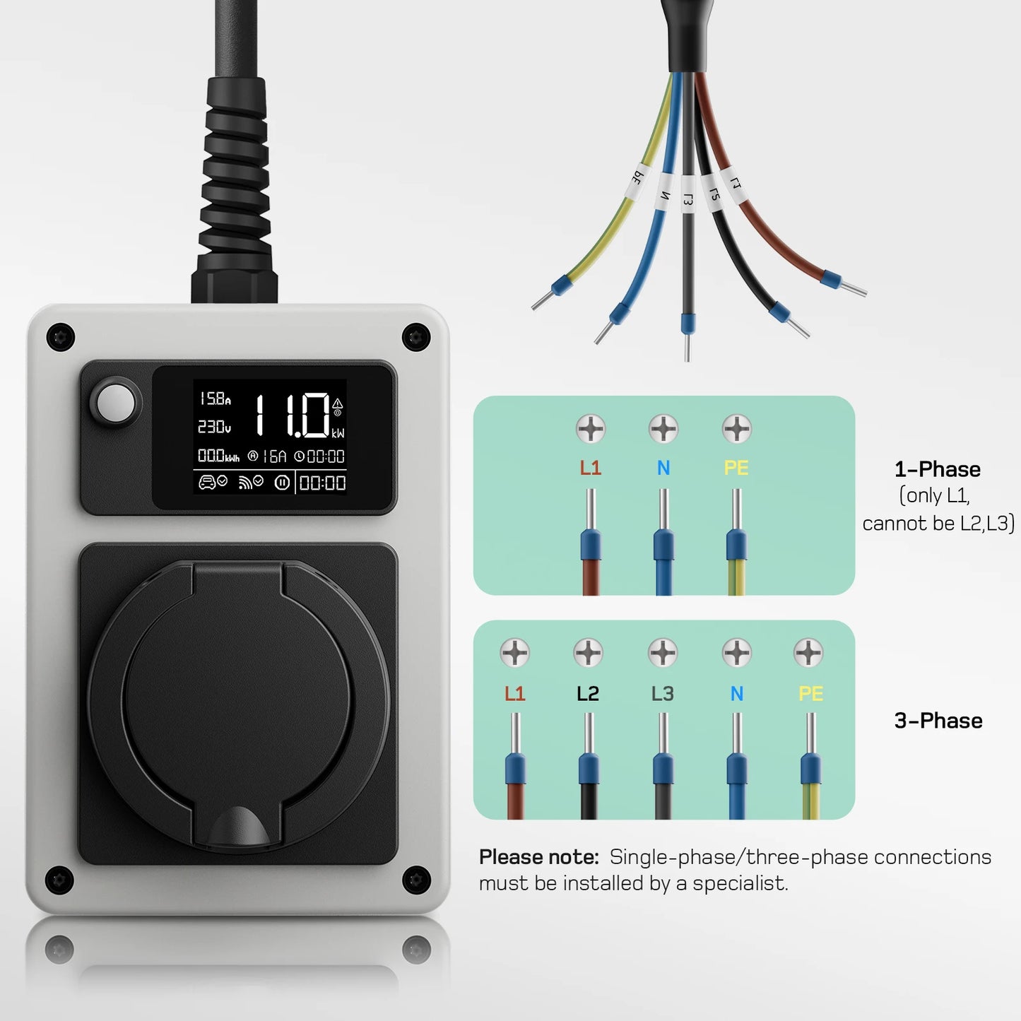 Mobiele Wallbox 11kW – Mobiele Lader – Elektrische Oplader – EV Laadstation – Type 2 Laadpunt – Met App – Open End Kabel – 16A 3-Fase – Weerbestendig IP65
