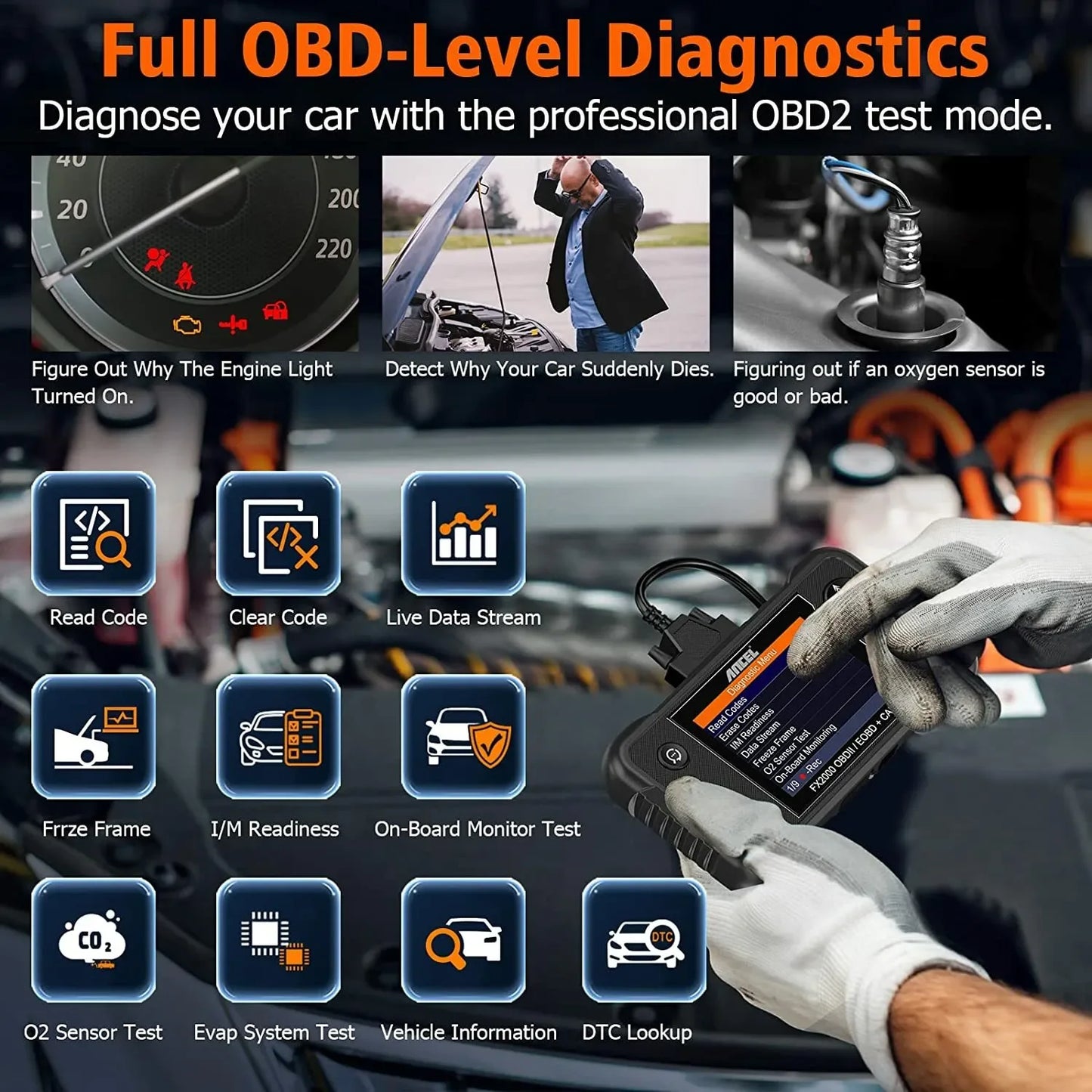OBD2 Diagnosescanner – Auto Scanner – Foutcode Lezer – Motor Tester – ABS Scanner – 3,5 Inch Kleurenscherm – Live Data Weergave
