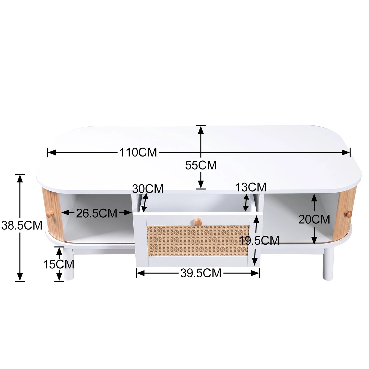 Salontafel – Rattan Salontafel – Houten Tafel – Koffietafel – Woonkamer Tafel – Met Handgemaakte Massief Houten Schuifdeuren – Ruime Opbergruimte en Natuurlijke Walnotenkleur