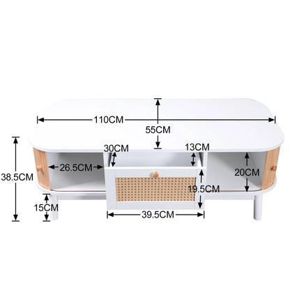 Salontafel – Rattan Salontafel – Houten Tafel – Koffietafel – Woonkamer Tafel – Met Handgemaakte Massief Houten Schuifdeuren – Ruime Opbergruimte en Natuurlijke Walnotenkleur