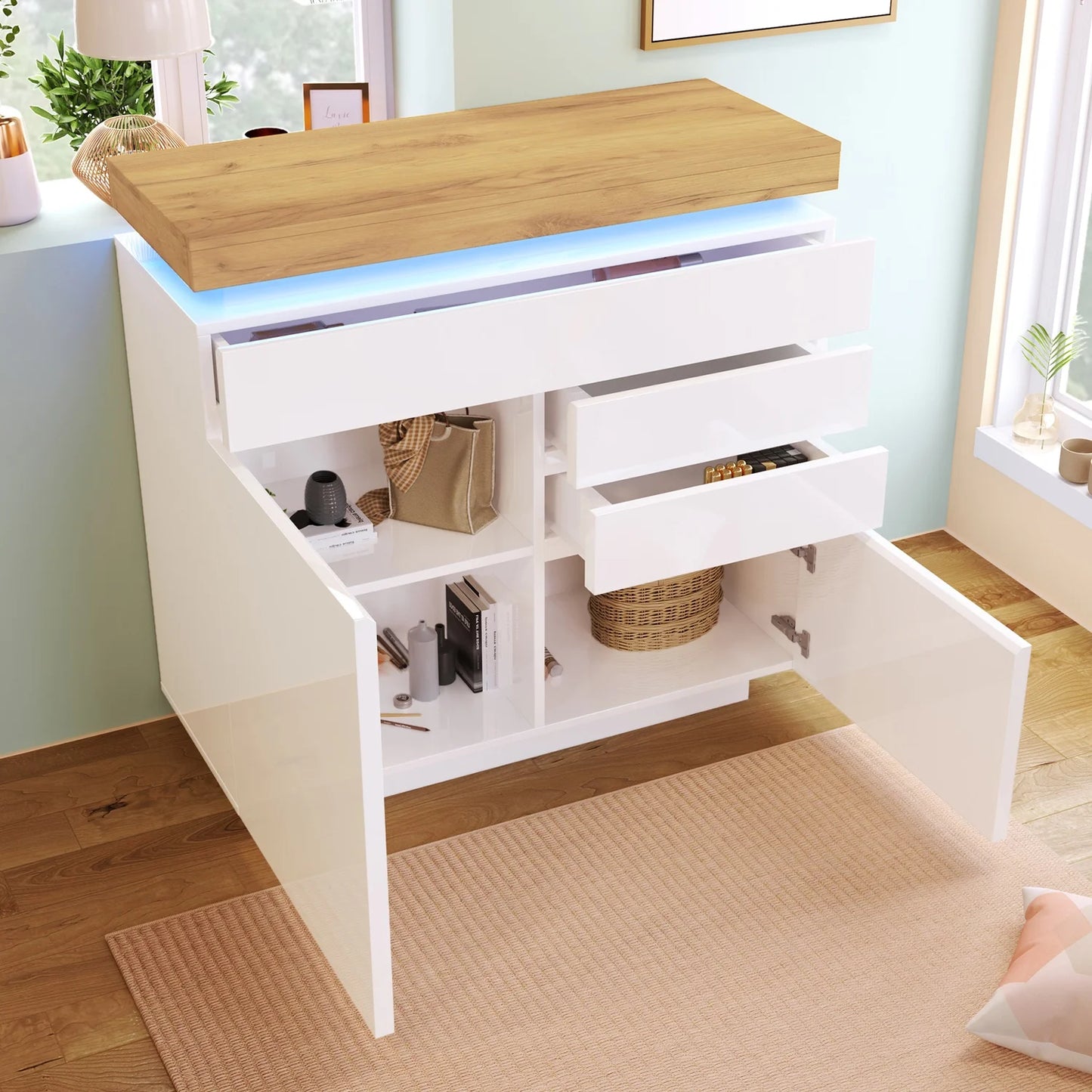 Ladekast – Ladenkast – Opbergkast – Kast – Kommode – Hoogglans – Verstelbare Legplanken – LED-Verlichting - QUORE