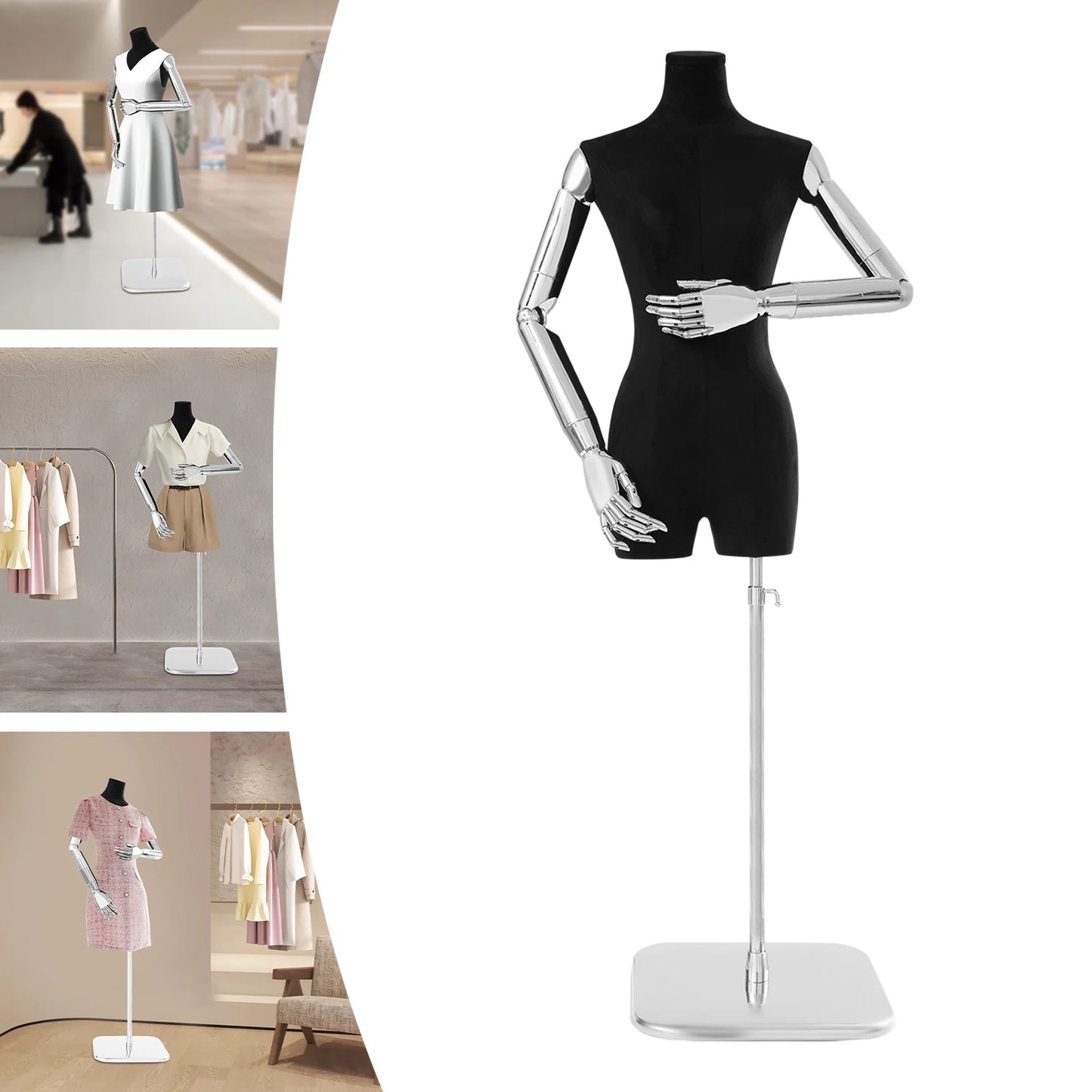 Damespaspop – Paspop – Kledingmodel – Mannequin – Displaypop – Verstelbare Hoogte 120-210 cm – Beweegbare Afneembare Armen – Zilver Zwart