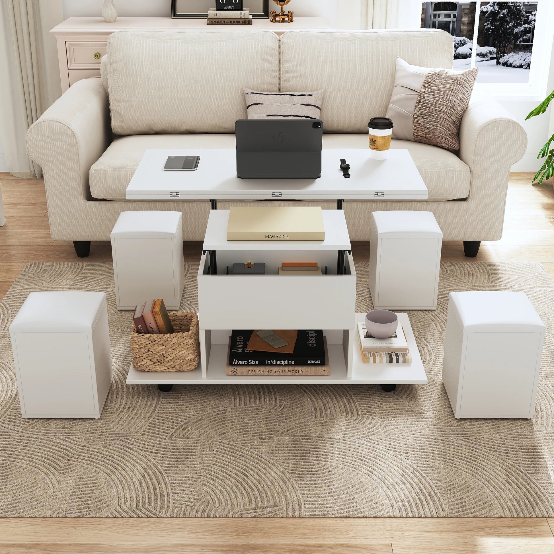 Liftable multifunctional coffee table - the desktop can be opened into 2 tables, large capacity, multifunctional table - QUORE