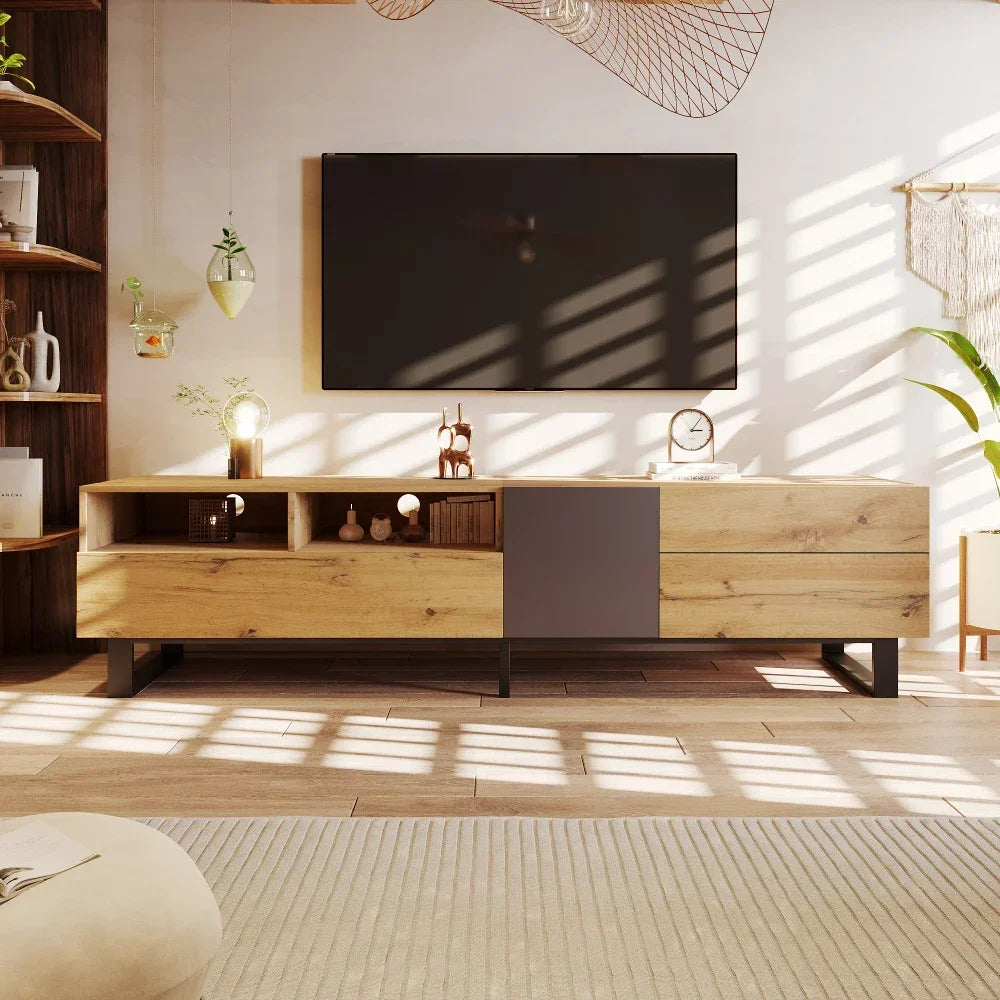 TV-meubel – TV-kast – Tv-dressoir – Mediameubel – Meubel – Natuurlijk Hout + Zwart – Ruime Opslag – Stevige PVC Afwerking