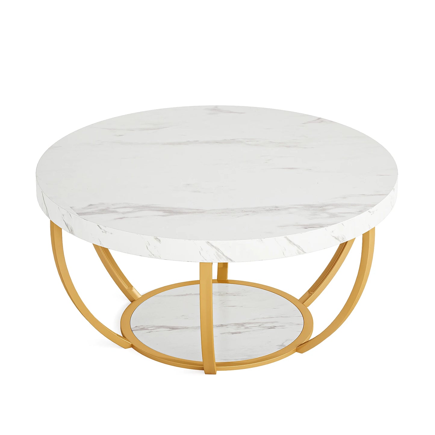 Ronde Salontafel – Bijzettafel – Koffietafel – Woonkamertafel – Houten Tafel – 80 Cm Diameter – Stevige Metalen Poten - Wit en Goud