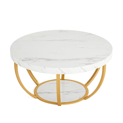 Ronde Salontafel – Bijzettafel – Koffietafel – Woonkamertafel – Houten Tafel – 80 Cm Diameter – Stevige Metalen Poten - Wit en Goud