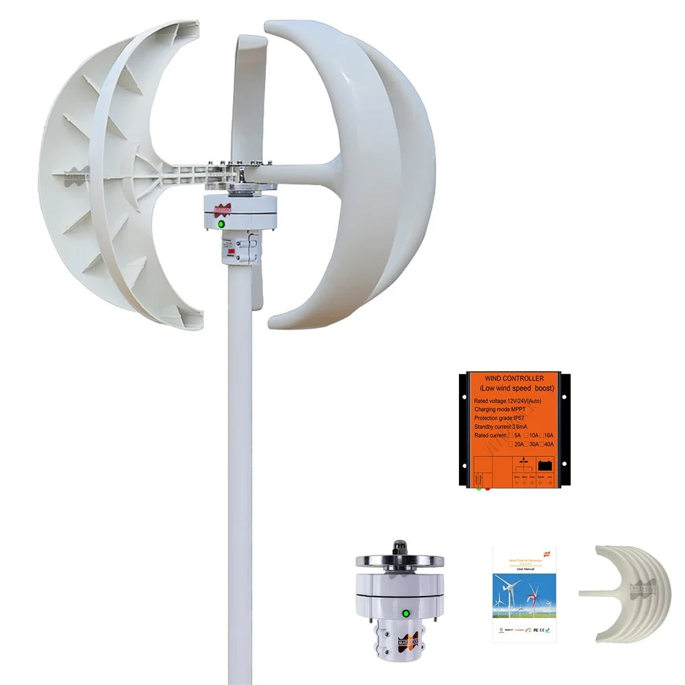 Windturbine - Windmolen - Windturbine Generator - Windenergie - Verticale As - 400W - 12V - met MPPT Controller - 5 Messen - Stille & Efficiënte Energieoplossing - voor Thuisgebruik en Off Grid Systemen - Wit