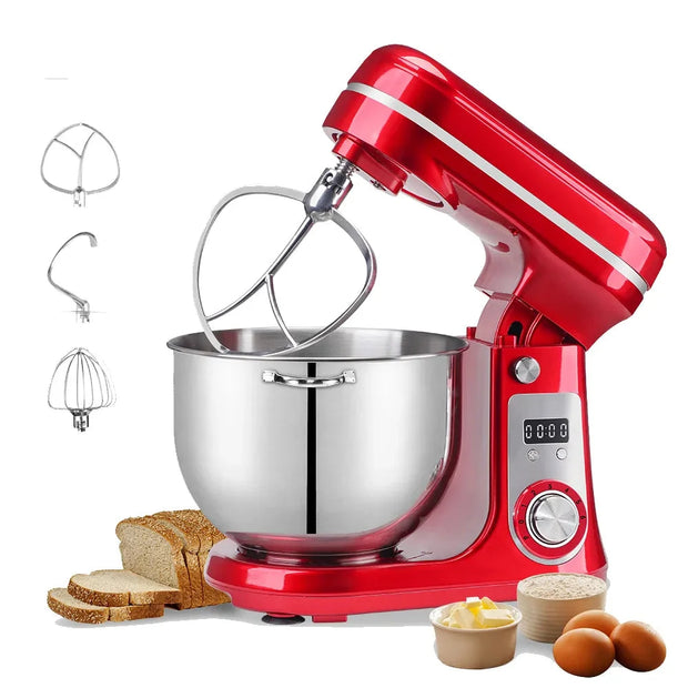 Keukenmachine - 3-in-1 - Keukenrobot - Hakmolen - Mixer met mengkom - Keukenmixer - 1200W - RVS Mengkom (6L) - Rood - QUORE