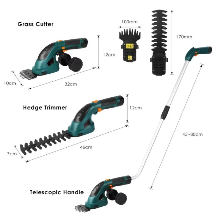 2 in 1 Accuheggenschaar - Tuingereedschap - Struiktrimmer - 17cm Zwaardlengte - met Verlengstok - Wielen - Adapter - voor het Snijden - Trimmen - Nauwkeurige Snit - 1.5Ah - 1100rpm - 7.2Vdc - Groen