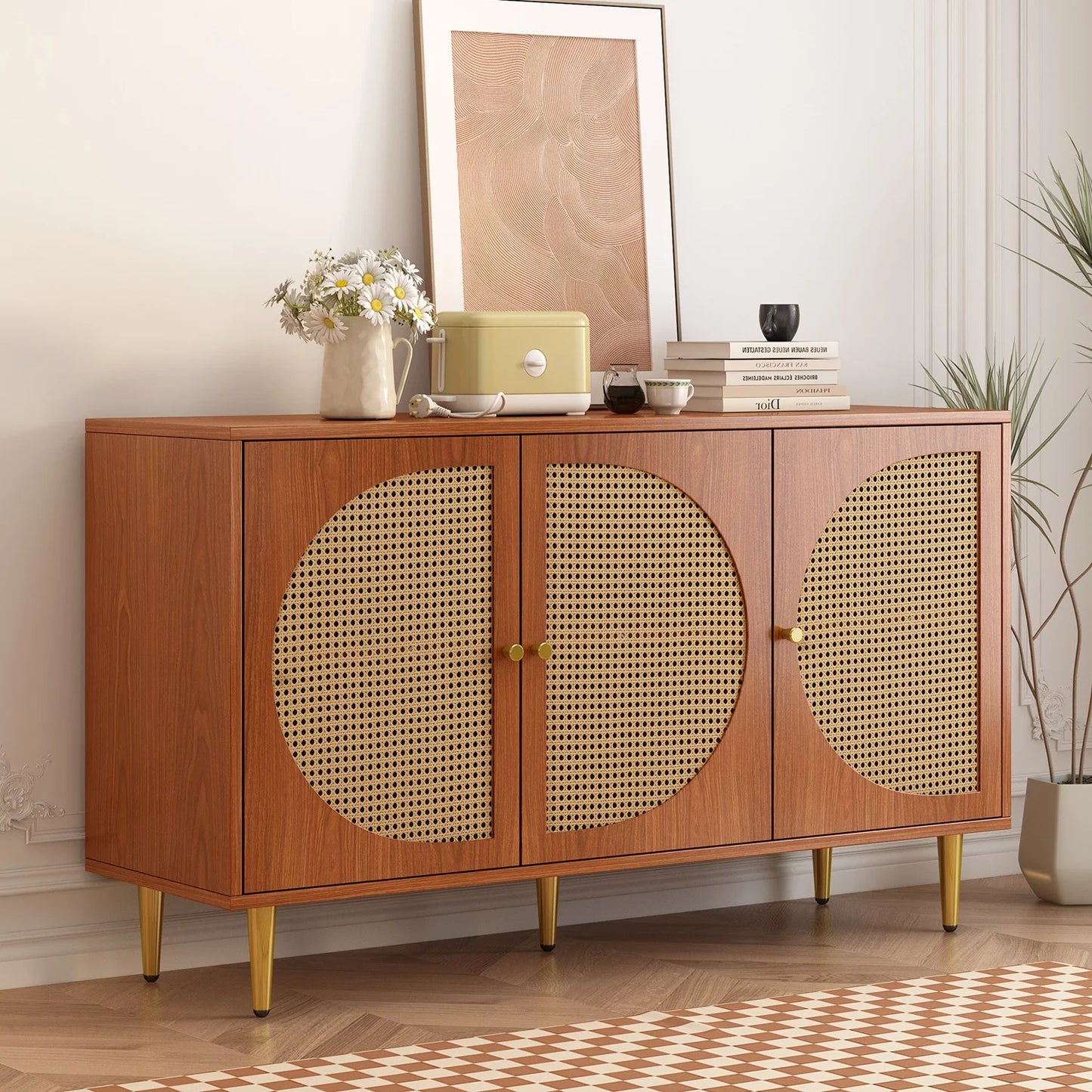 Sideboard with 3 rattan decorated doors chest of drawers Highboard with metal handles, for bedrooms & Living Rooms & Office - QUORE
