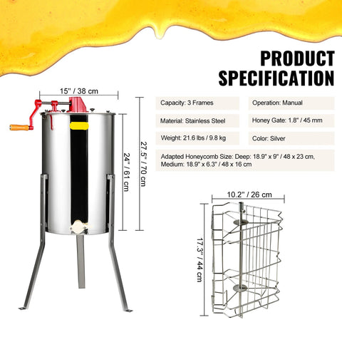 Honing - Imker - Honingcentrifuge - Handmatige honingcentrifuge - Honingcentrifuge - 3 frames roestvrij staal - Honingraat trommel spinner met deksel