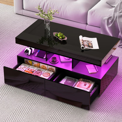 Salontafel – Koffietafel – Woonkamertafel – Bijzettafel – Zwarte Hoogglans Salontafel – LED-Verlichting – 2 Laden – MDF – 140x53x46 cm