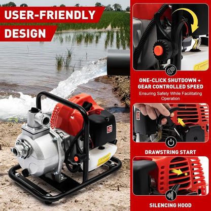 Benzine Wateroverdrachtpomp - Waterpomp - Vijverpomp - Pomp - Tuinpomp - 1-Inch - 2-Takt 1.7PK Motor, 6500RPM, Luchtgekoeld & Hoge Druk