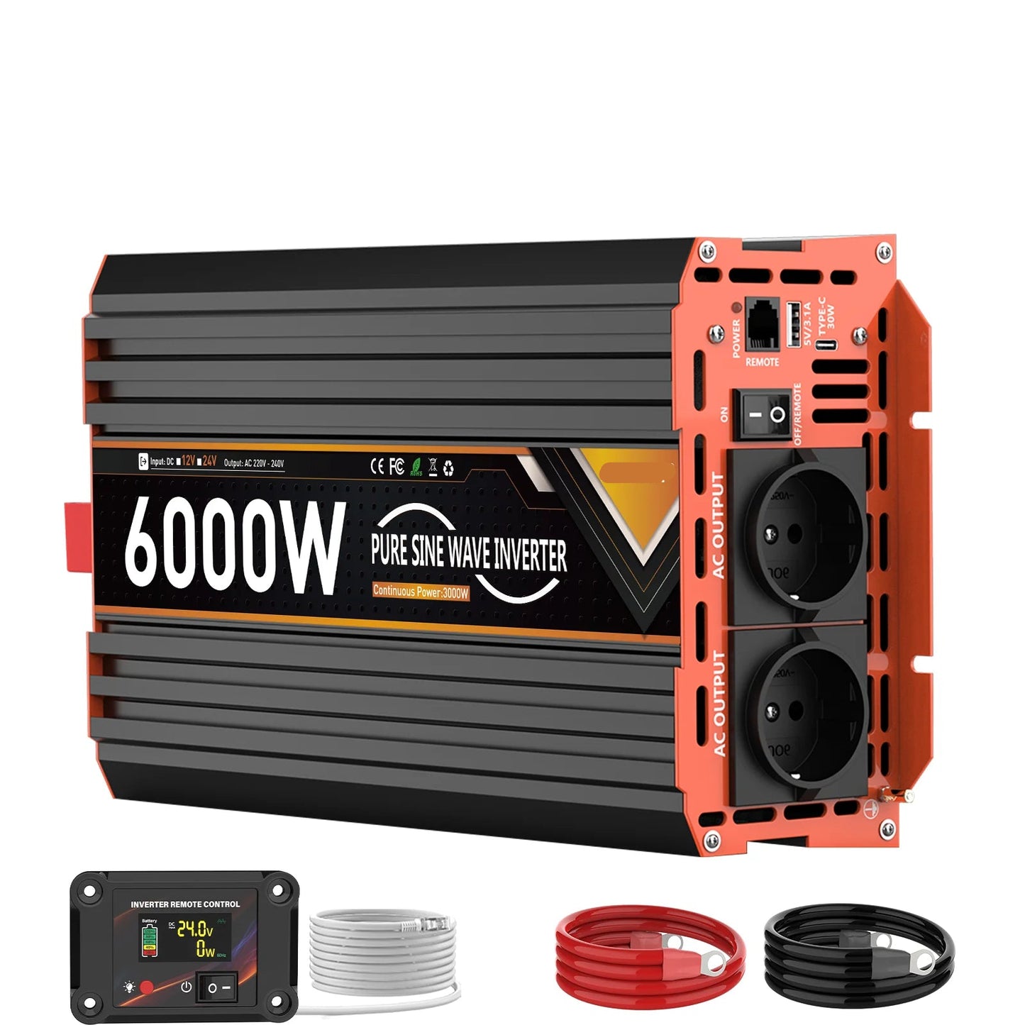 Omvormer – 24V Naar 220V Omvormer – Spanningsomvormer – Energieomzetter – Pure Sinusgolf – 6000W Continu Vermogen – Aluminium Behuizing
