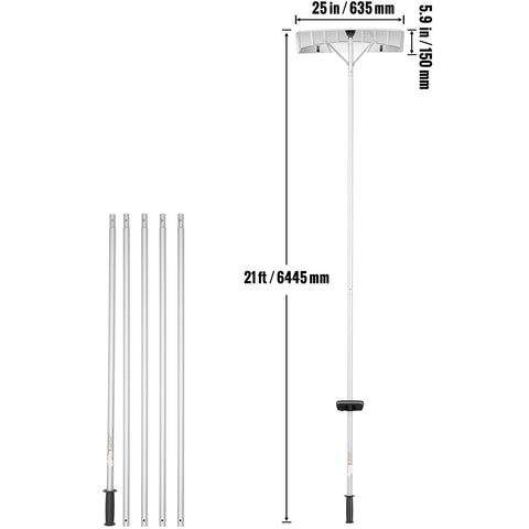 Sneeuw Dak Hark – Verstelbare Handgreep (1.5-6 m) – Aluminium Sneeuwruimer met Beschermwielen - 64 cm Breed Blad – Zilver
