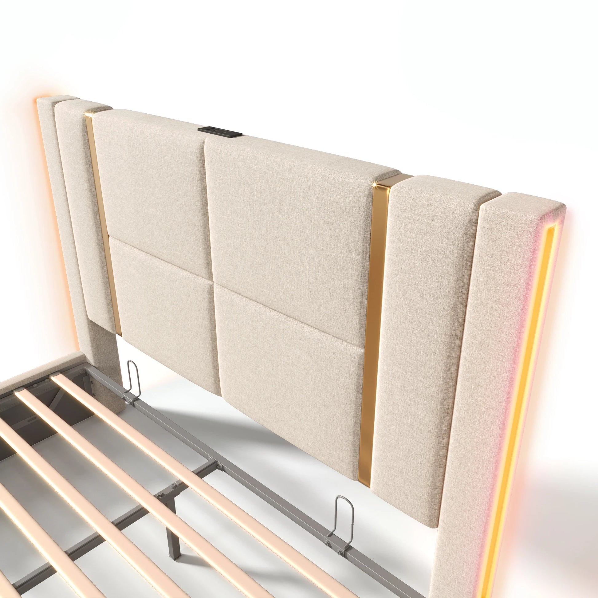 KOMHTOM Double bed USB Type C charging function APP control LED storage bed rack linen material without mattress - QUORE