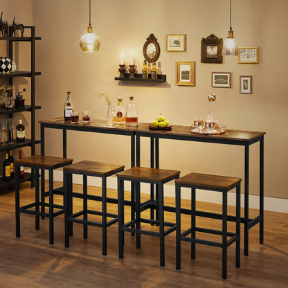 Bartafelset - Hoge Tafel - Metalen Frame -Industrieel Ontwerp - Voor Eetkamer - Woonkamer - Vintage Bruin - (100 x 40 x 90 cm) met 2 Barkrukken (elk 30 x 40 x 65 cm) - Zwart - QUORE