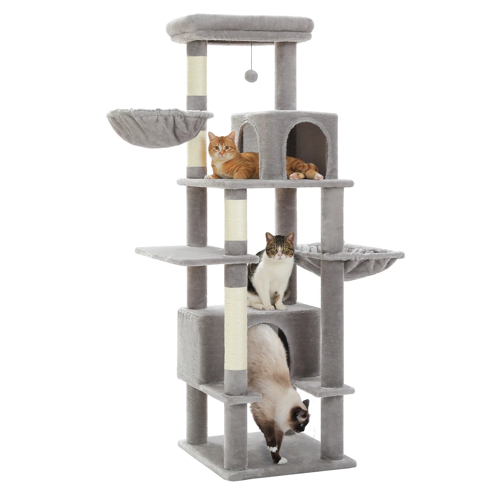 Krabpaal - voor Grote Katten – Kattenboom - met Sisal Krabpalen - 2 Grote Kattenhuizen - en Metalen Hangmat – Meerdere Verdiepingen - Arbre a Chat - XL - 168 cm Hoog – Geschikt voor Binnen – Stevig en Stabiel - Grijs - QUORE