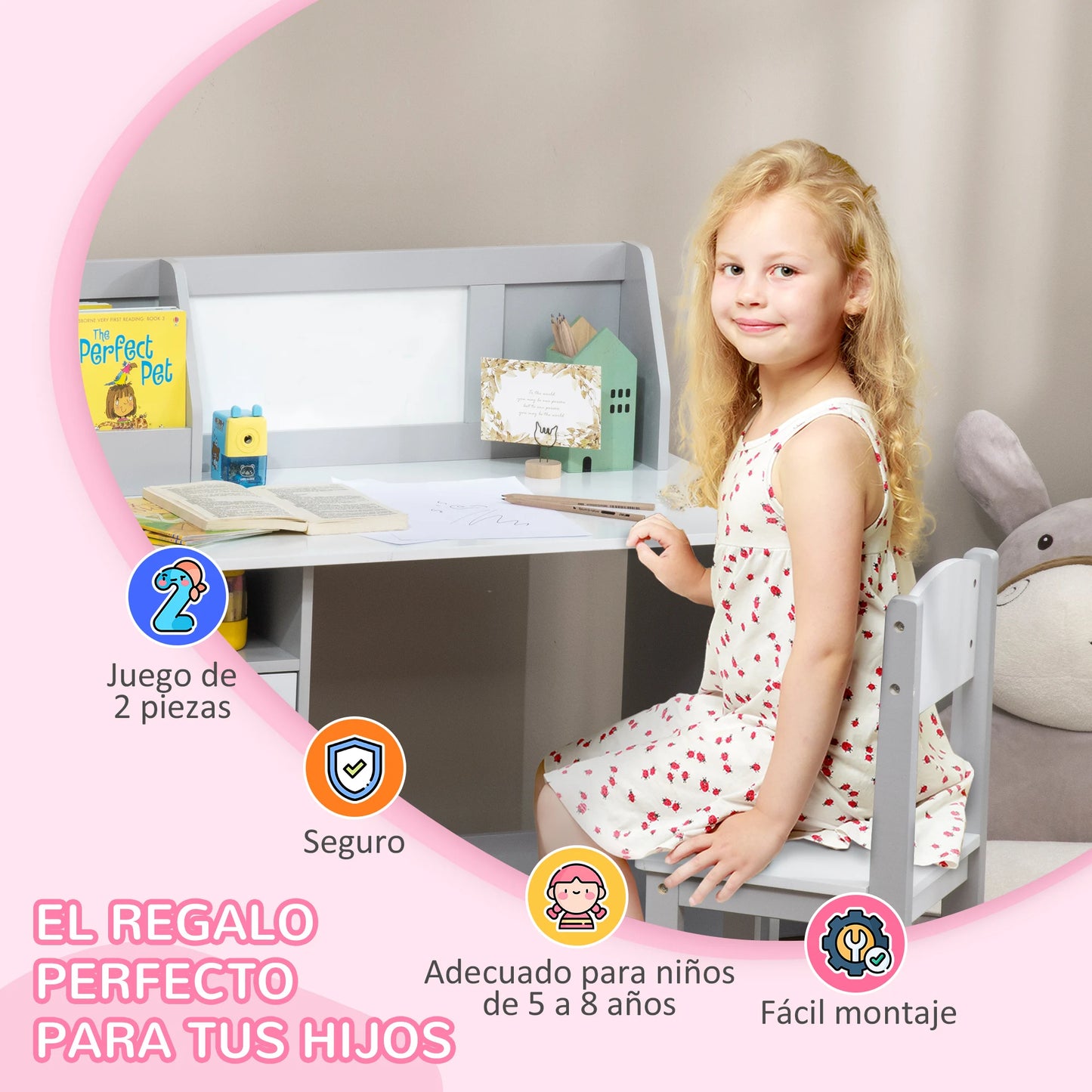 Kinderbureau – Kinderbureau Set – Kindertafel – Schrijftafel – Bureau Met Stoel – Whiteboard Werkblad – Afgeronde Hoeken Veilig Design