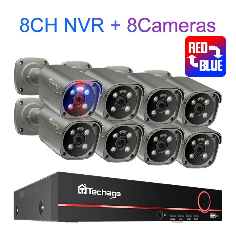 Techage H.265 8CH 5MP 8MP 4K POE Camera System AI Full Color Night VIsion Face Detection CCTV Video Security Surveillance Kits - QUORE