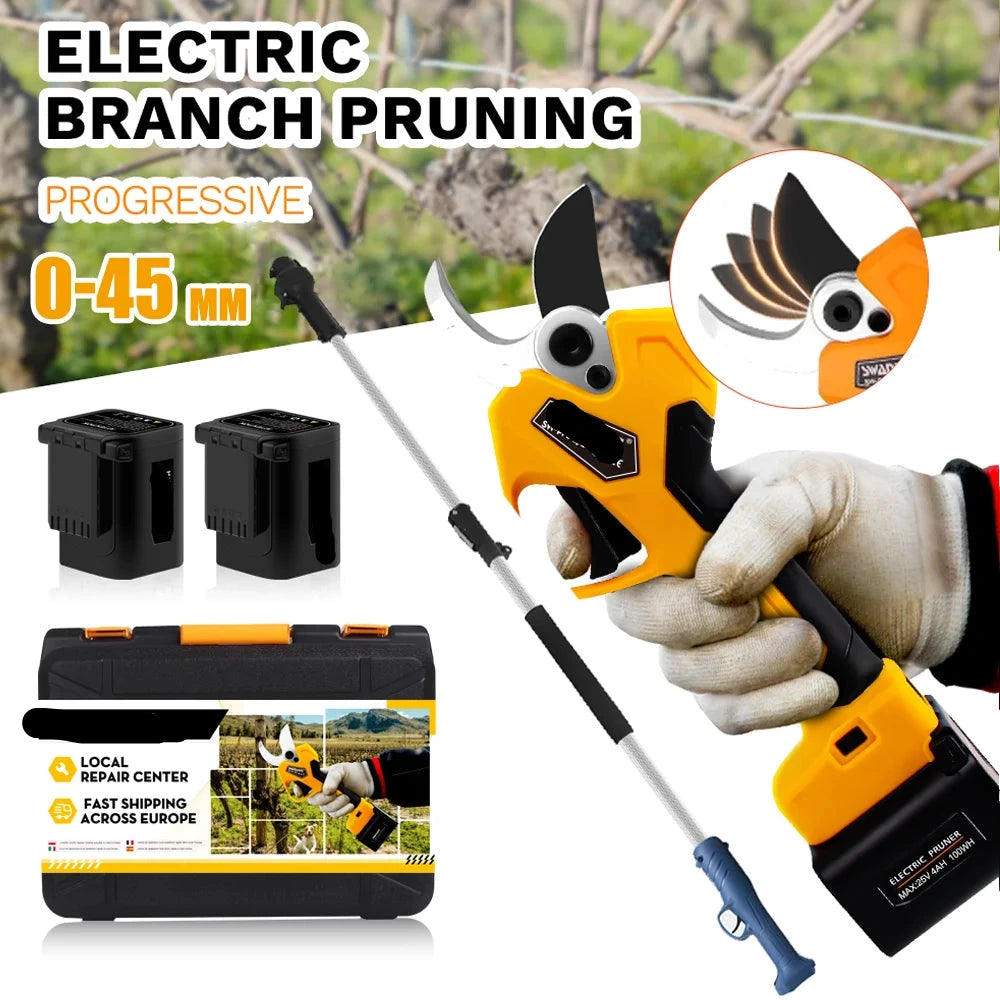Elektrische Snoeischaar - Accu Snoeischaar - Takkenschaar - 25V - 45mm Snijcapaciteit - Lithium-ion - Anti-slip Greep - Voor Bomen - Struiken - en Bonsai - Geel - met Stok