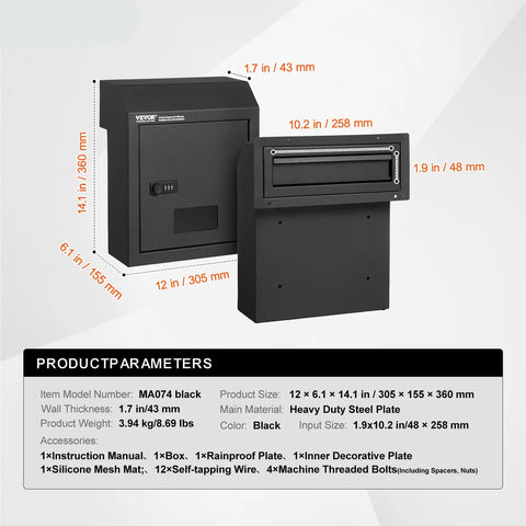 Letterbox - Postbox - Letterboxes - Letterbox Stainless Steel - Letterboxes Hanging - Heavy Duty Steel Plate - with 12” Combination Lock - Black