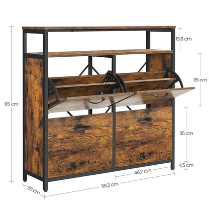 Schoenenkast - Schoenrek - 4 Flappen - 20 Paar Schoenen - Ruimtebesparend - Open Vakken - Accessoires - Verstelbare Voeten - 98.3x30x95cm - Houtplaat - Vinta Breun-Zwart - QUORE