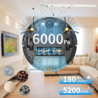 Robotstofzuiger – Robot Cleaner – Dweilrobot – Automatische Stofzuiger – 6000Pa Zuigkracht – 5200mAh Batterij