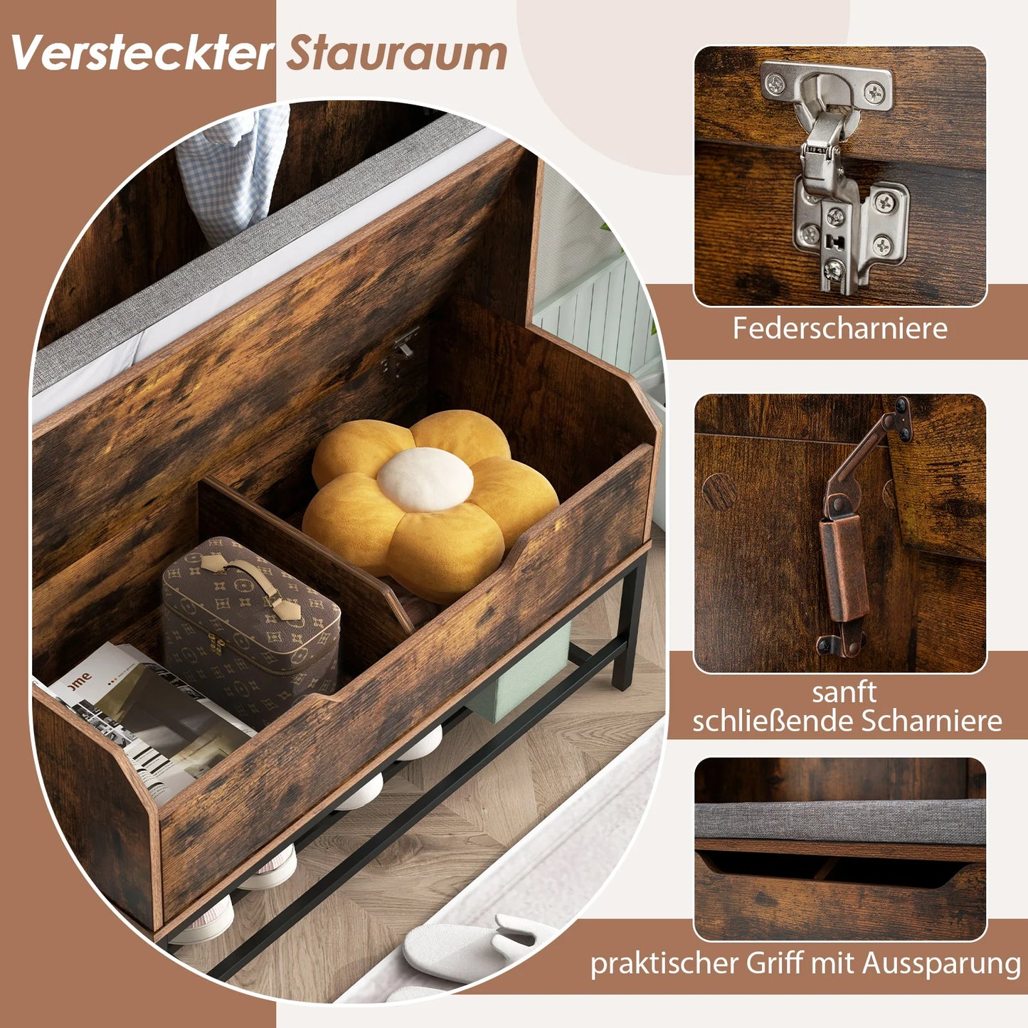 4-in-1 Kapstok met Zitbank – Garderoberek met Open Vakken - Schoenenkast en 3 Haken – Halgarderobe met Zitkussen – 90 x 38,5 x 170 cm