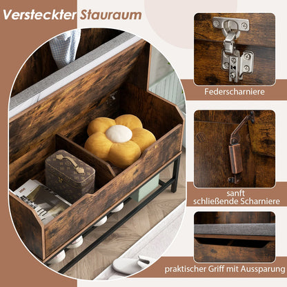 4-in-1 Kapstok met Zitbank – Garderoberek met Open Vakken - Schoenenkast en 3 Haken – Halgarderobe met Zitkussen – 90 x 38,5 x 170 cm