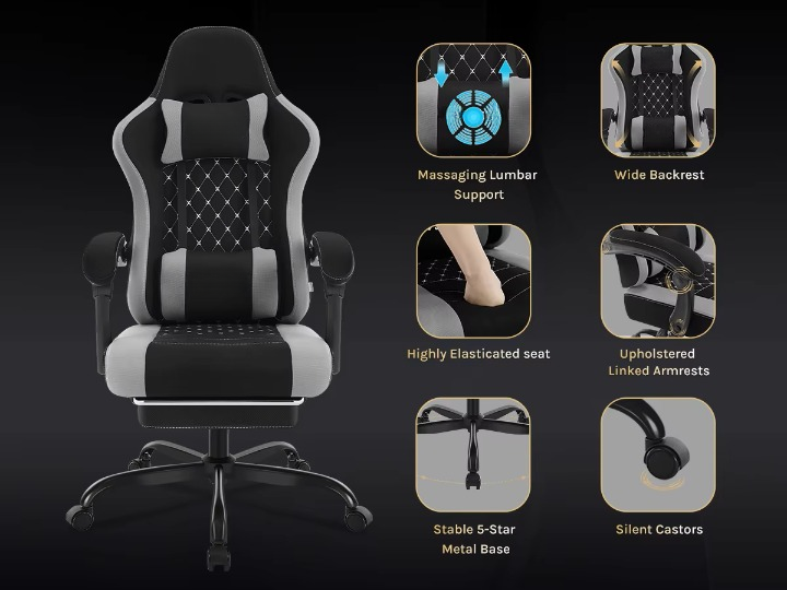 Gaming Stoel - Massage Gaming Stoel - Bureaustoel - Swivel Stoel - met Voetsteun - Hoofdsteun - Verstelbare - Rugleuning - Lendenkussen - Ergonomische - Draaibare - 70 x 70 x 127 cm - Zwart & Grijs