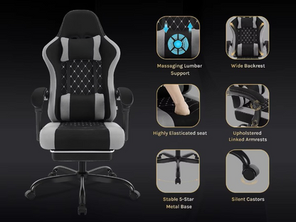 Gaming Stoel - Massage Gaming Stoel - Bureaustoel - Swivel Stoel - met Voetsteun - Hoofdsteun - Verstelbare - Rugleuning - Lendenkussen - Ergonomische - Draaibare - 70 x 70 x 127 cm - Zwart & Grijs