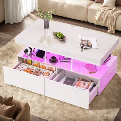 Salontafel – Koffietafel – Woonkamertafel – Bijzettafel – Tafel – Wit – Hoogglans – LED-verlichting – 2 Lades – MDF – 140x53x46 cm