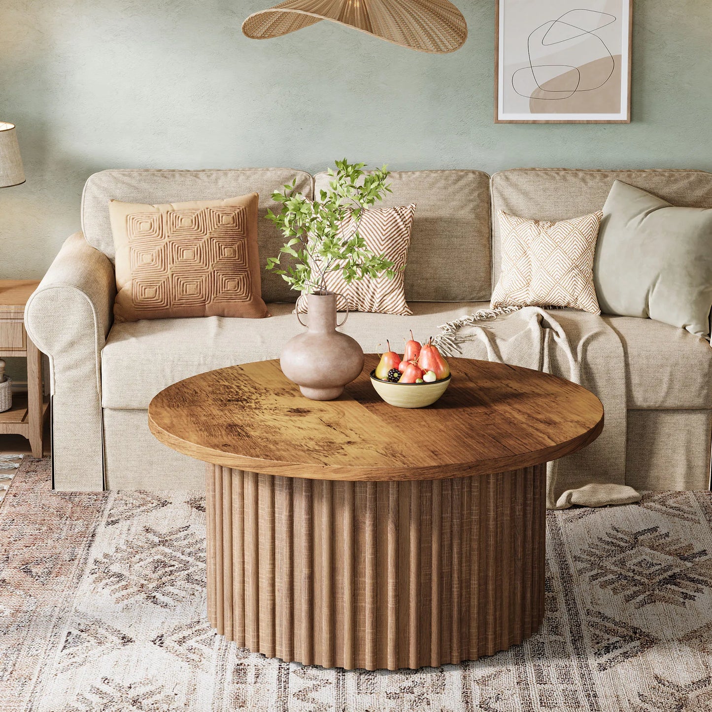Ronde Salontafel – Bijzettafel – Koffietafel – Woonkamertafel – Houten Tafel – Warm Houtfineer – 80 cm Diameter – Geprofileerde Trommelvoet