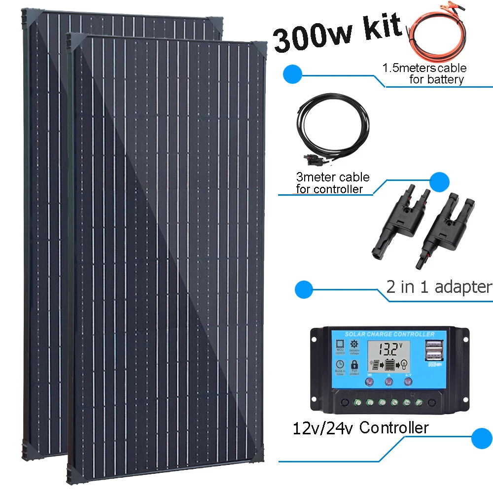 Zonnepaneel - Zonnepanelen - Zonne-energie - Zonne-kit - 12V Module - Aluminium Frame Lichtgewicht Fotovoltaïsch Paneelsysteem - 300W - 2 Stuks - Waterdicht - voor Boot - Camper - Caravan - RV - Tuin