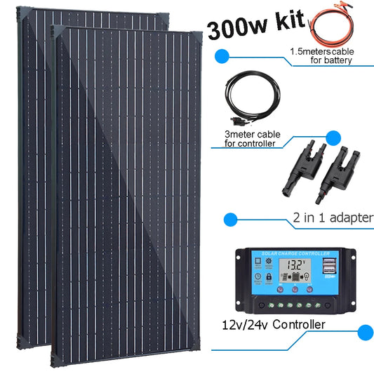 Zonnepaneel - Zonnepanelen - Zonne-energie - Zonne-kit - 12V Module - Aluminium Frame Lichtgewicht Fotovoltaïsch Paneelsysteem - 300W - 2 Stuks - Waterdicht - voor Boot - Camper - Caravan - RV - Tuin