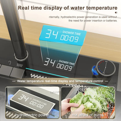 RVS Waskom – Roestvrijstalen Spoelbak – Keukenwastafel – Aanrecht Waskom – Watervalkraan – Digitaal Display – Rechthoekig 75x46x22 CM