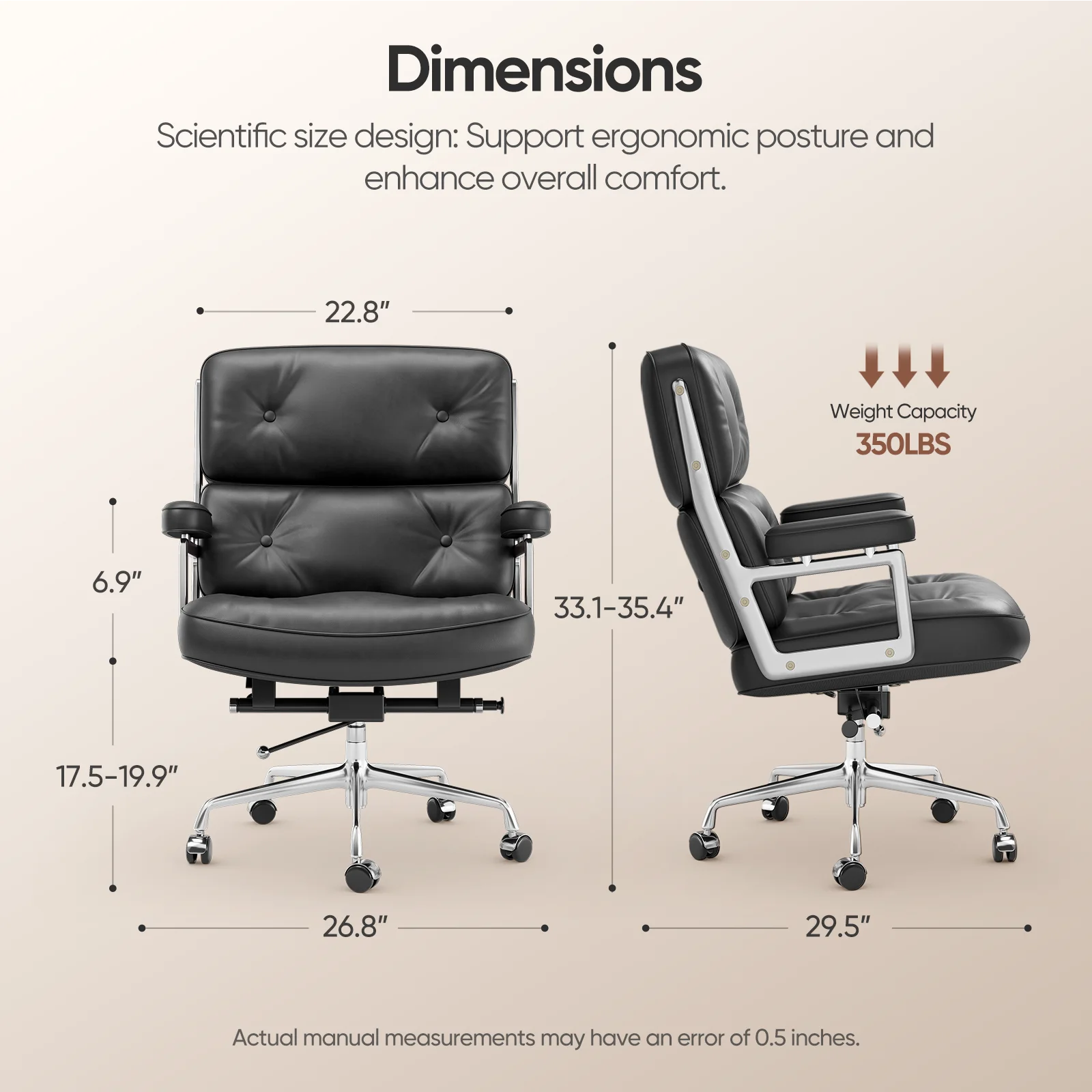 Bureaustoel – Bureaustoel Ergonomisch – Bureaustoel Lederen – Bureaustoel Comfortabel – Bureaustoel Verstelbaar – Echt Leer – Aluminium Frame - QUORE