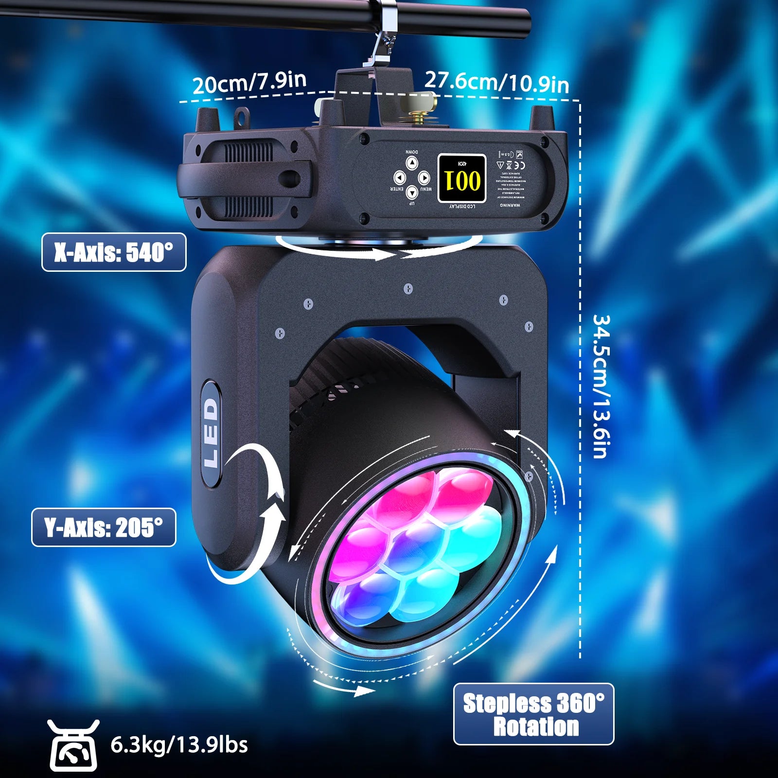 Moving Head Licht – DJ Licht – Podiumlicht – LED Spot – RGBW Verlichting – EU Plug – 300W Zoom & Focus – 7x40W RGBW LEDs met Halo Ring - QUORE