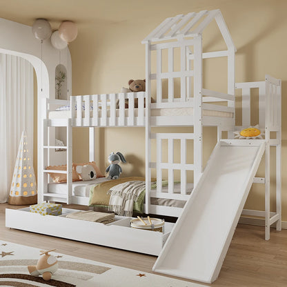 Kinder Stapelbed – Kinderbed – Bunkbed – Hoogslaper – Stapelbed Met Glijbaan – Wit – 90x200 cm – Grote Lade Op Wieltjes – Stevig Massief Hout