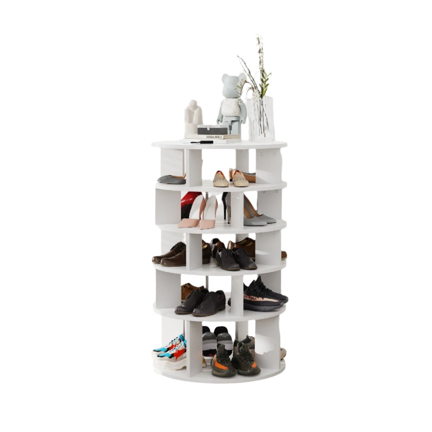 Draaibare Schoenenkast – Schoenenrek – Schoenendisplay – Schoenopberger – Organizer – 360° Draaibaar – Vijf Vakken – Stevig Hout - 60 x 60 91 cm - Wit