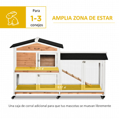 Houten Konijnenhok – Knaagdierkooi – Buitenhok – Cavia Verblijf – Dierverblijf – Met Wieltjes – Natuurlijk Houten Dak Met Asfaltlaag – 157,4 x 53 x 99,5 cm - QUORE