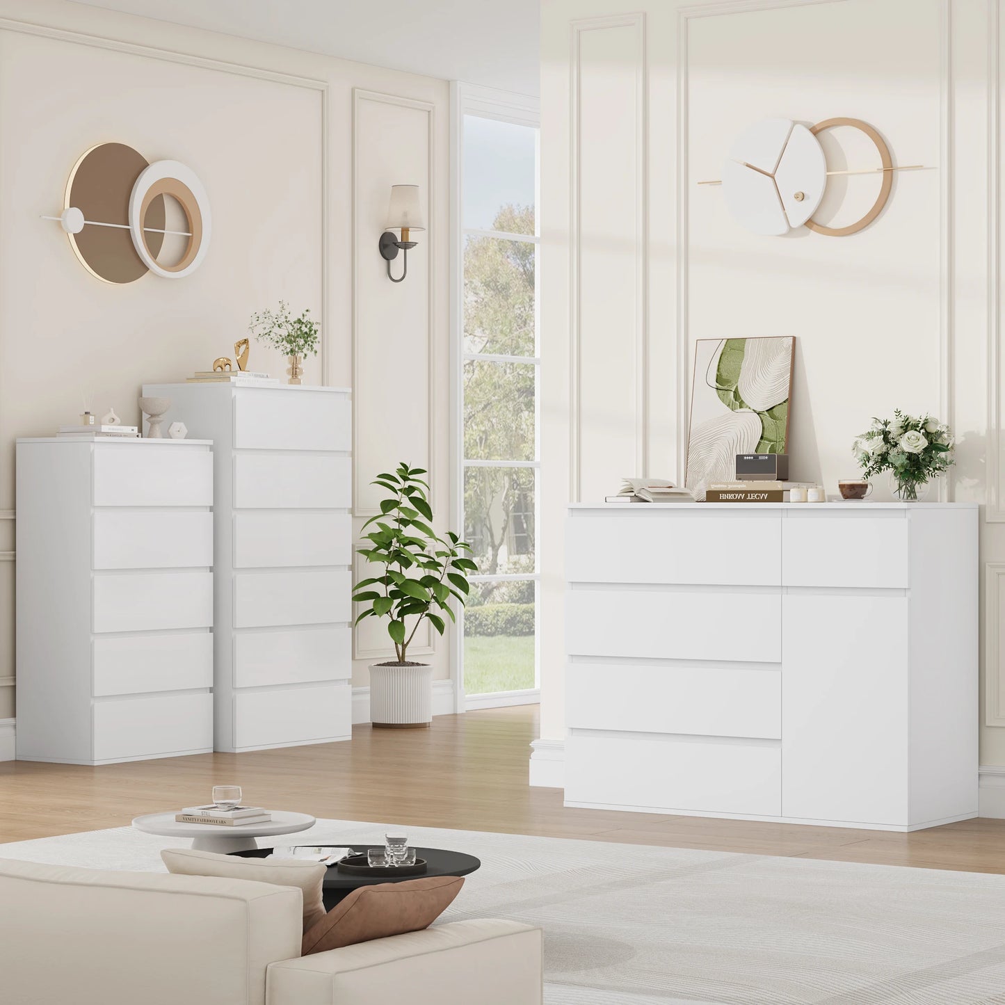 Ladekast – Dressoir – Opbergkast – Bergkast – Kast – Hoog Model – 5 Laden + 1 Deur – Mat Wit Met Zwarte Accenten – 100x80x40 cm – Veel Opbergruimte - QUORE