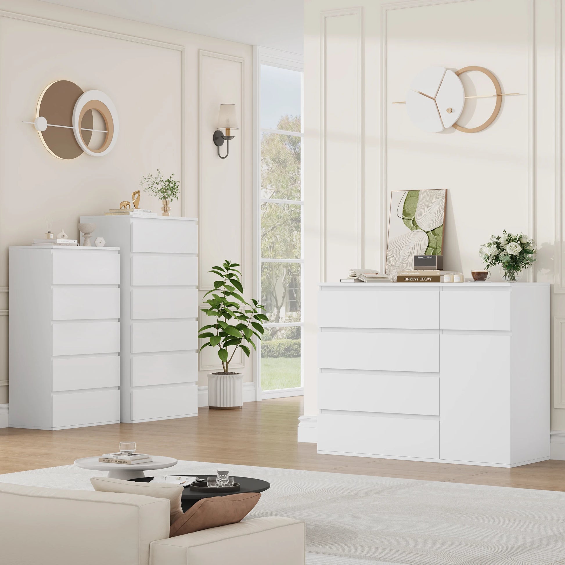 Ladekast – Dressoir – Opbergkast – Bergkast – Kast – Hoog Model – 5 Laden + 1 Deur – Mat Wit Met Zwarte Accenten – 100x80x40 cm – Veel Opbergruimte - QUORE
