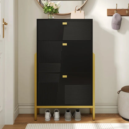 Schoenenrek – Schoenenkast – Opbergkast – Schoenrek – Schoenopberger – Dubbele Planken – Gouden Accenten - 65 x 120,5 x 25 cm - Zwart