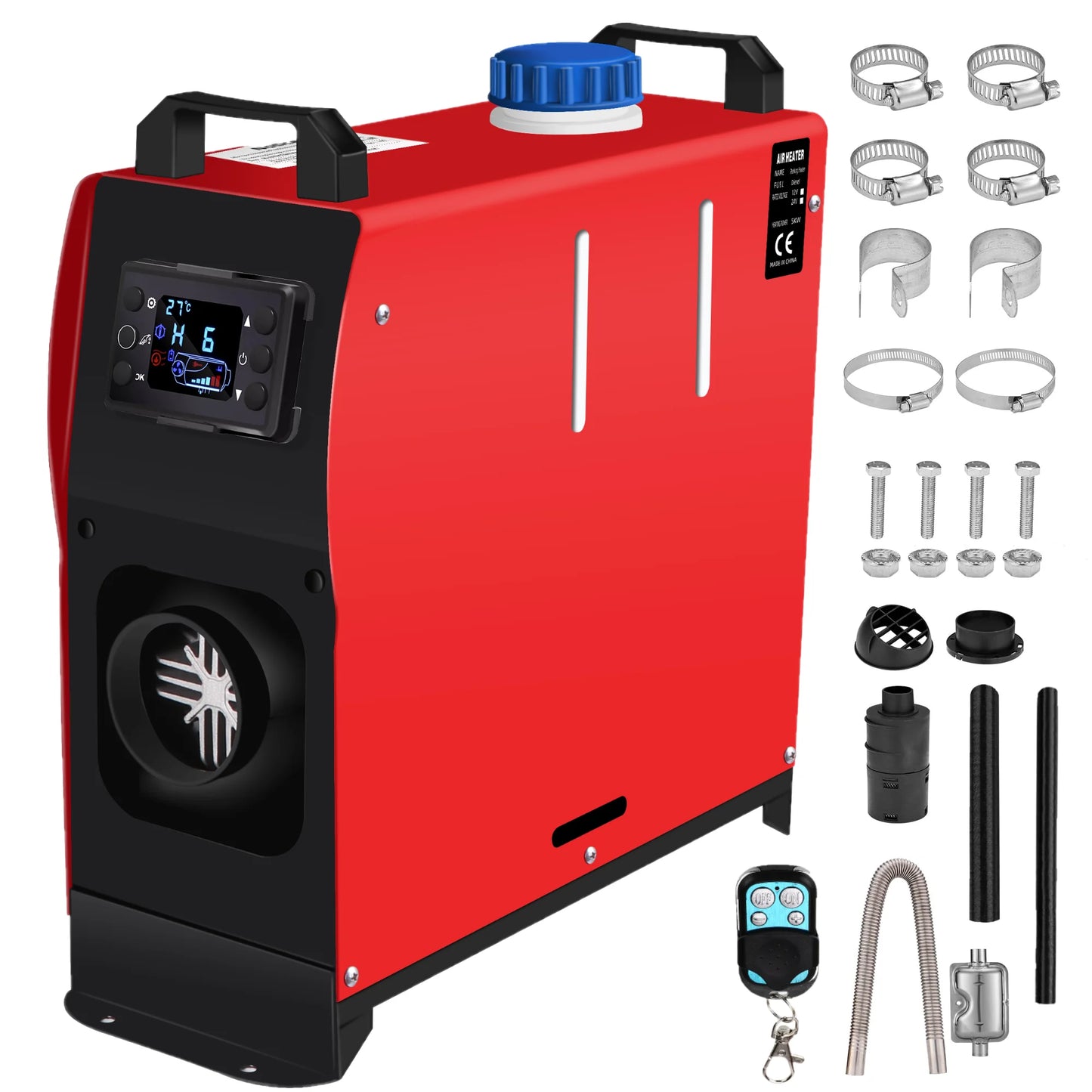 Standkachel - Diesel - 5KW - Nieuwe 12V 24V- Luchtverwarmer - met Intelligente LCD-monitor en Afstandsbediening - met Geluiddemper voor RV - Truck - Boot - Camper - Auto - Trailer - Technische Voertuigen - Oranje