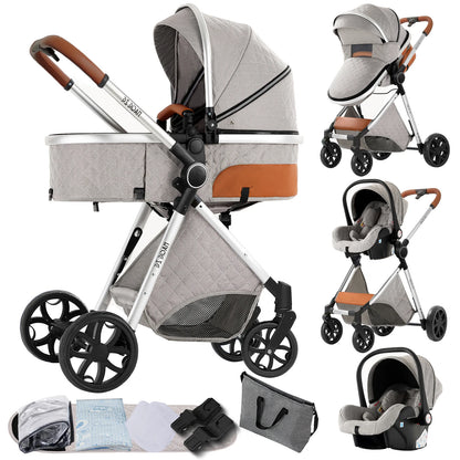 3-in-1 Kinderwagen – Reiswielwagen – Autostoeltje – Wandelwagen – Wieg – Compact & Lichtgewicht – Inklapbaar – Katoenen Bekleding – Deepgrey