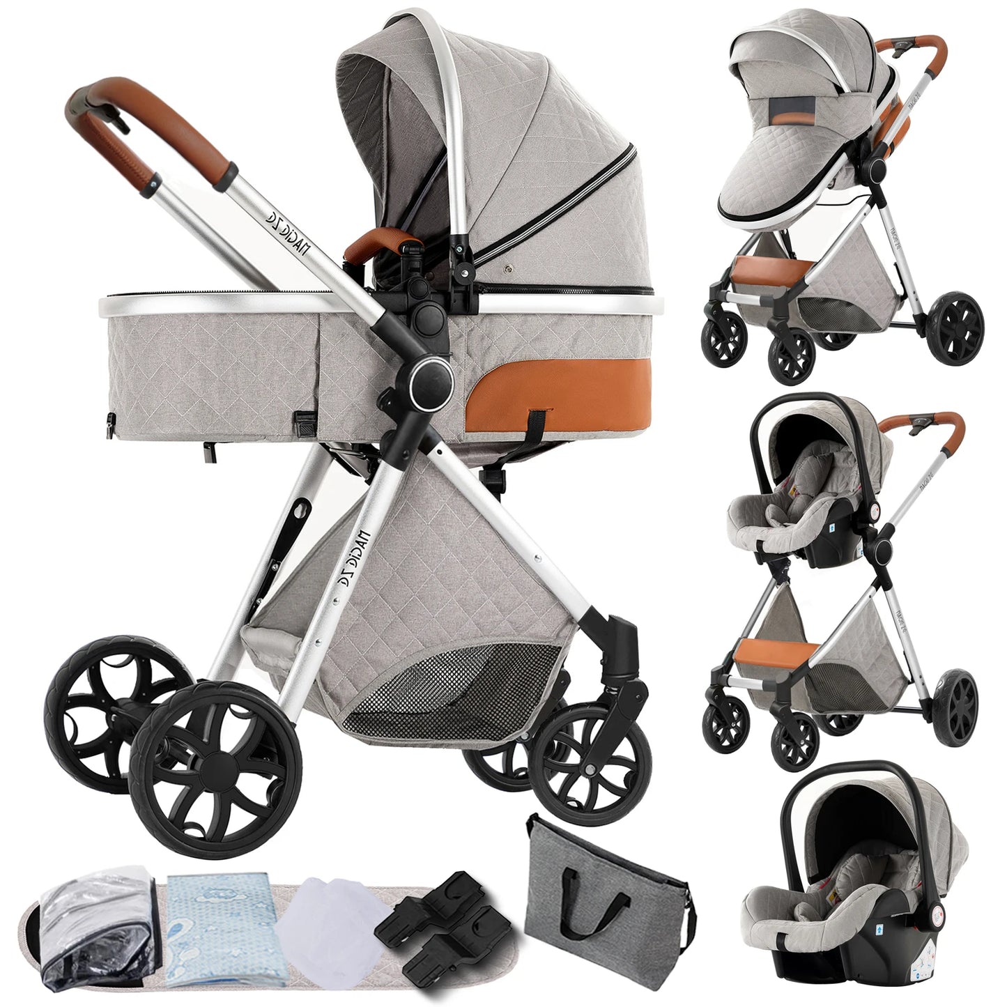 3-in-1 Babybuggy – Wandelwagen – Autostoeltje – Wieg – Buggy – Lichtgewicht Katoen – Compact Inklapbaar – Lichtgrijs